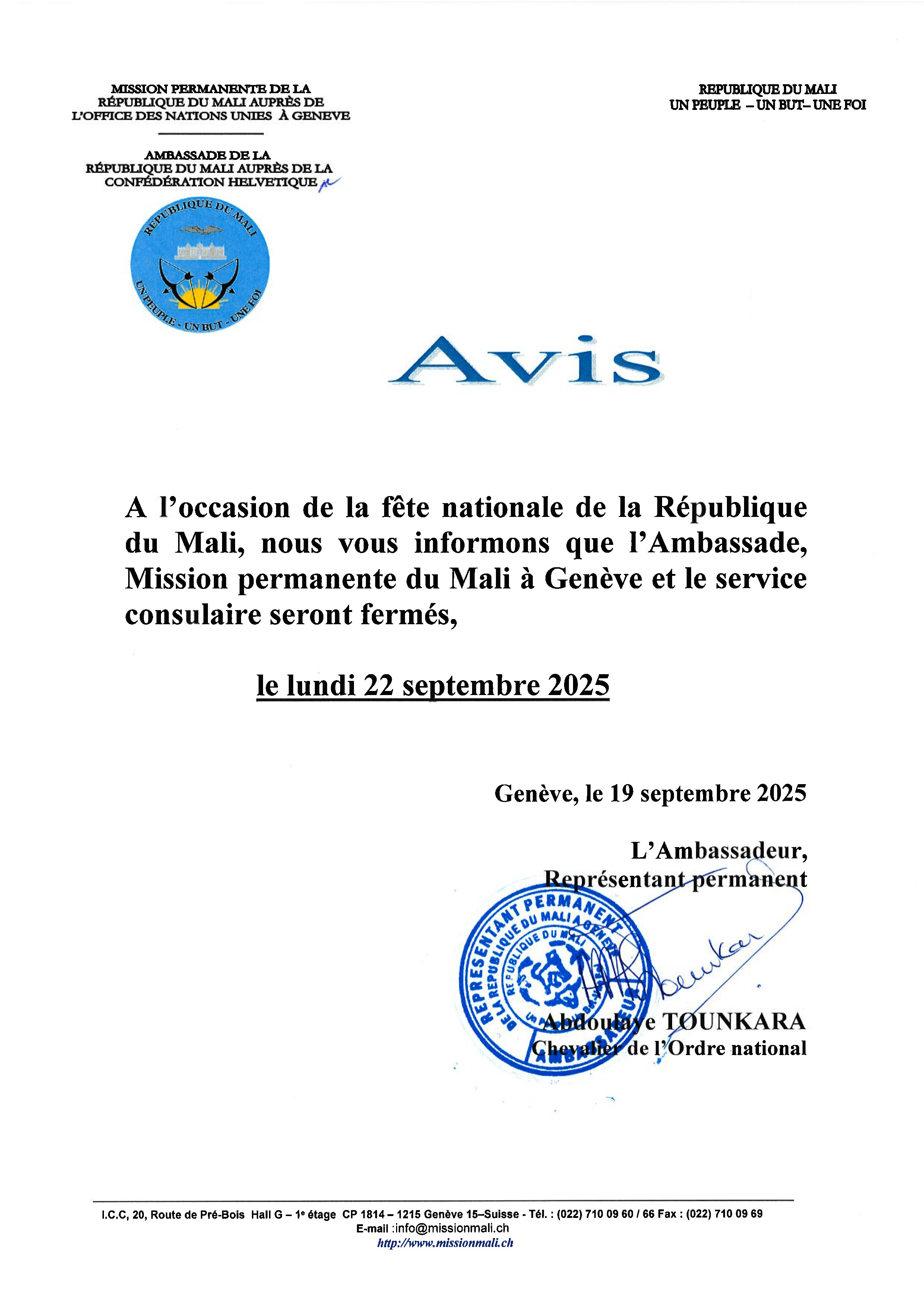 Fermeture de la Mission Permanente le lundi 22 septembre 2025